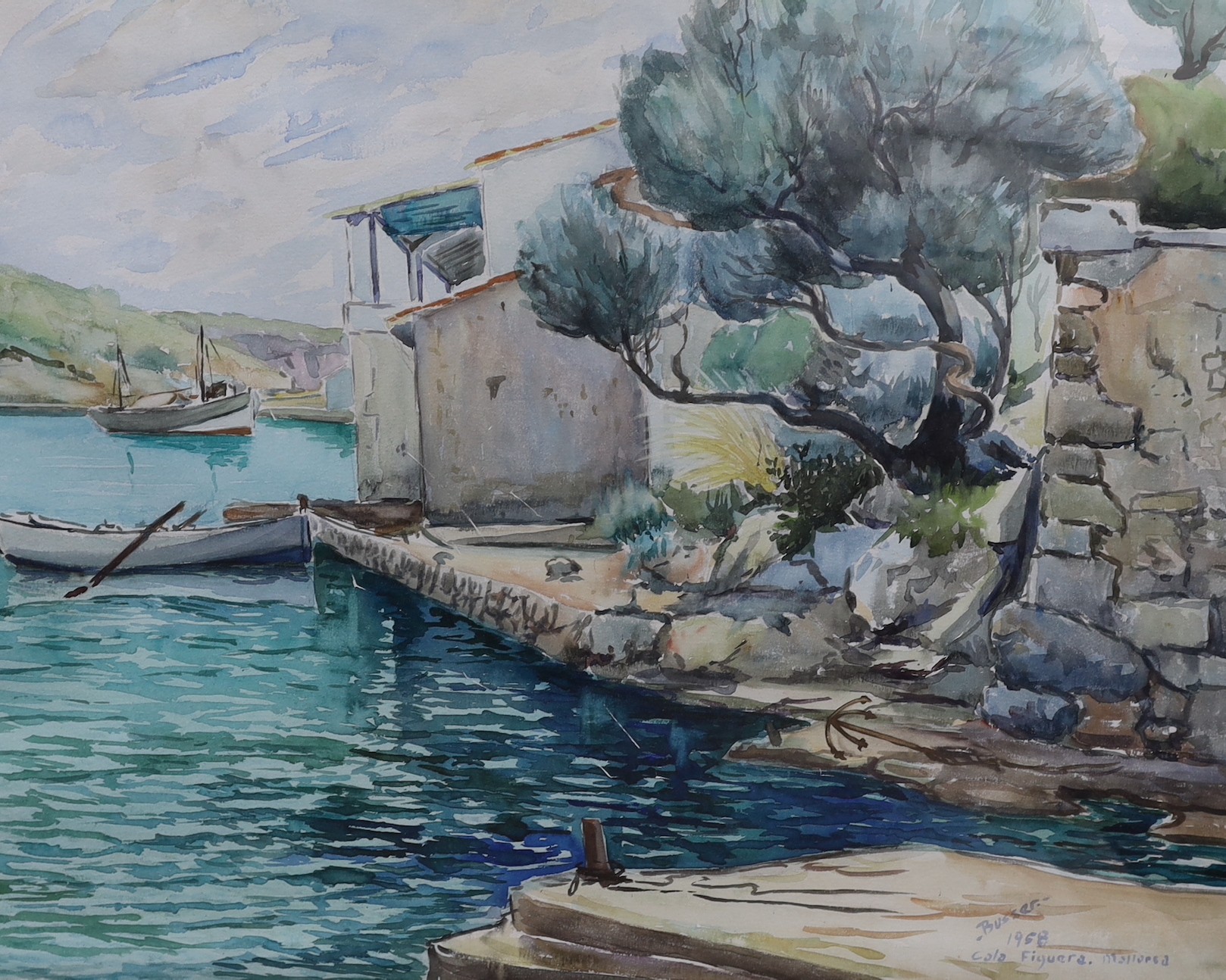 Busser, two watercolours, 'Cala Figuera, Mallorca', signed and dated 1958, 50 x 64cm